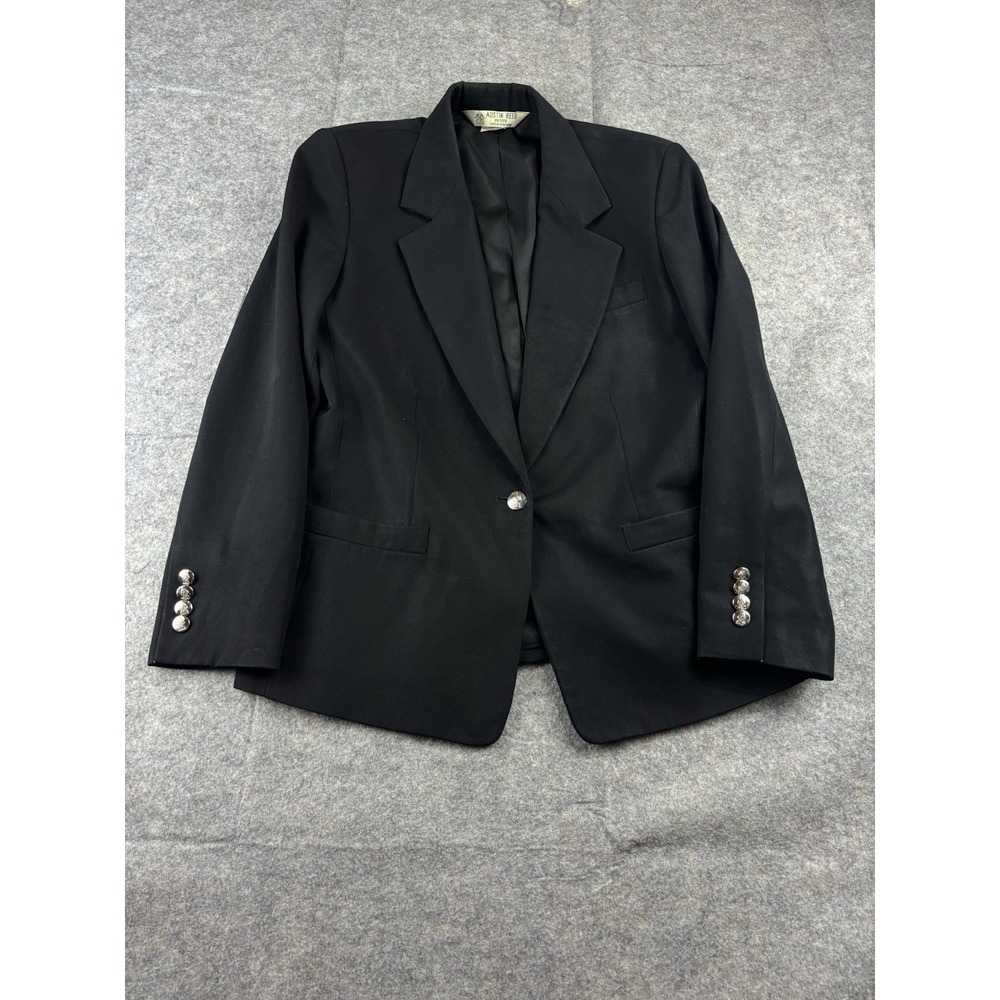 Austin Reed Womens 8P Black Petite Blazer Single Button Silver Crest Button Prep